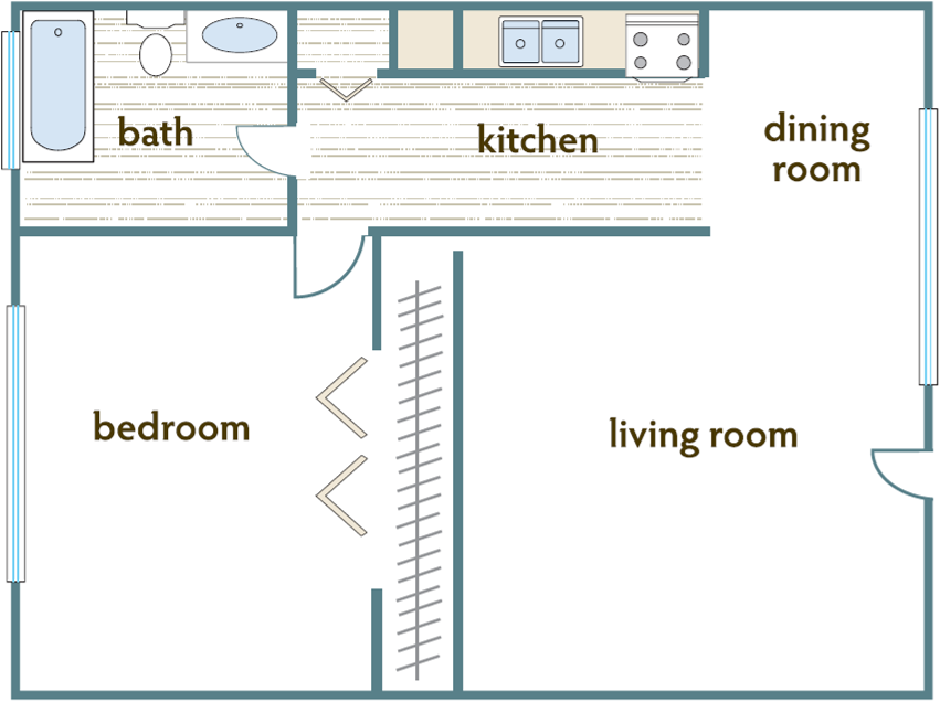 Floor plan for 1 bed, 1 bath, 480 sqft